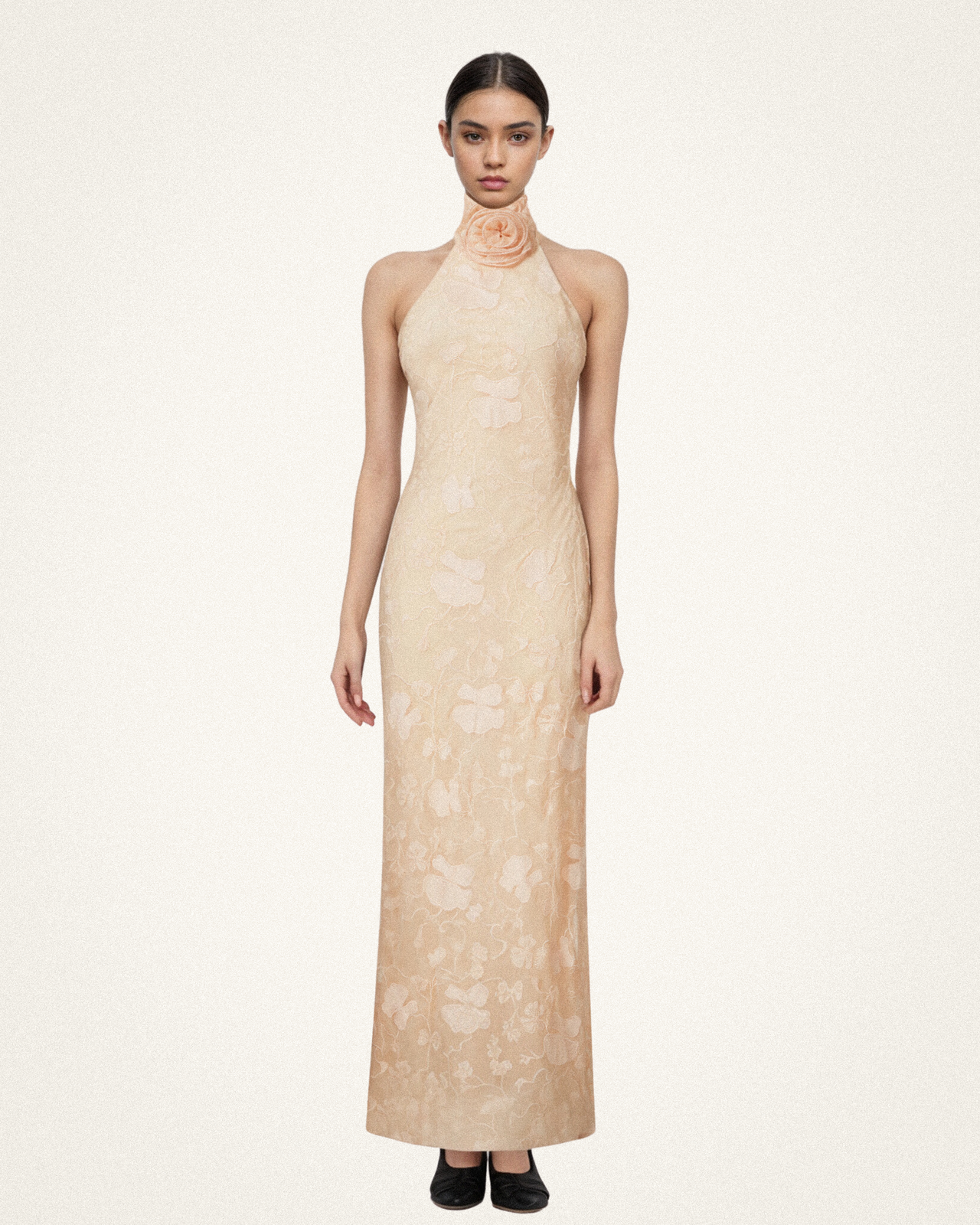 Uliana Pink Beige Floral Lace Halterneck Maxi Dress - Pink Beige