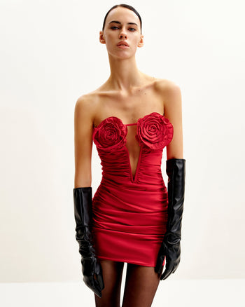 Bailee Red Floral Applique And Ruched Tube Mini Dress - Red