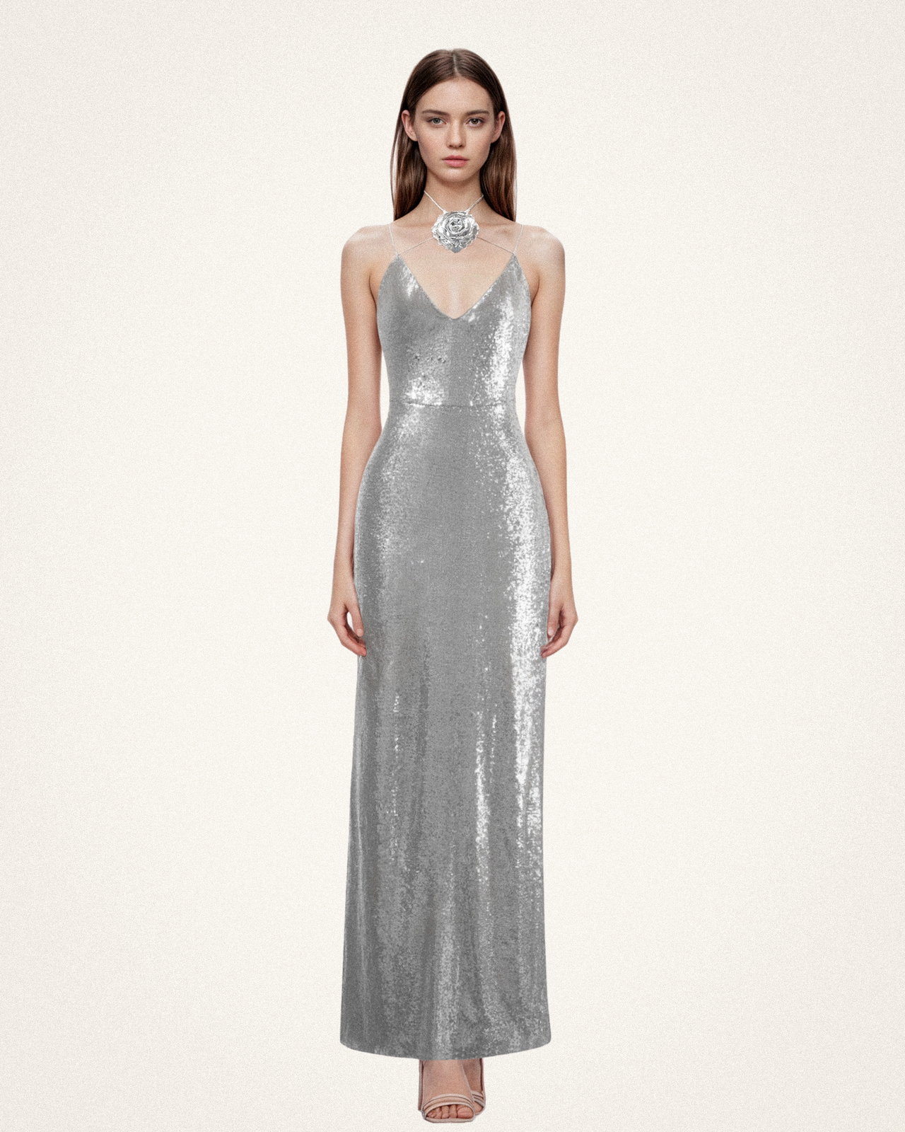 Heisey Silver Sequinned Rosette Maxi Dress-Silver