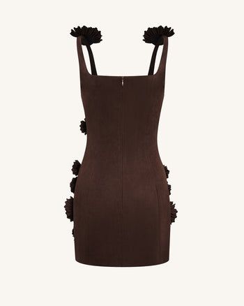 Elaina Rosette Applique Mini Dress - Chocolate Brown