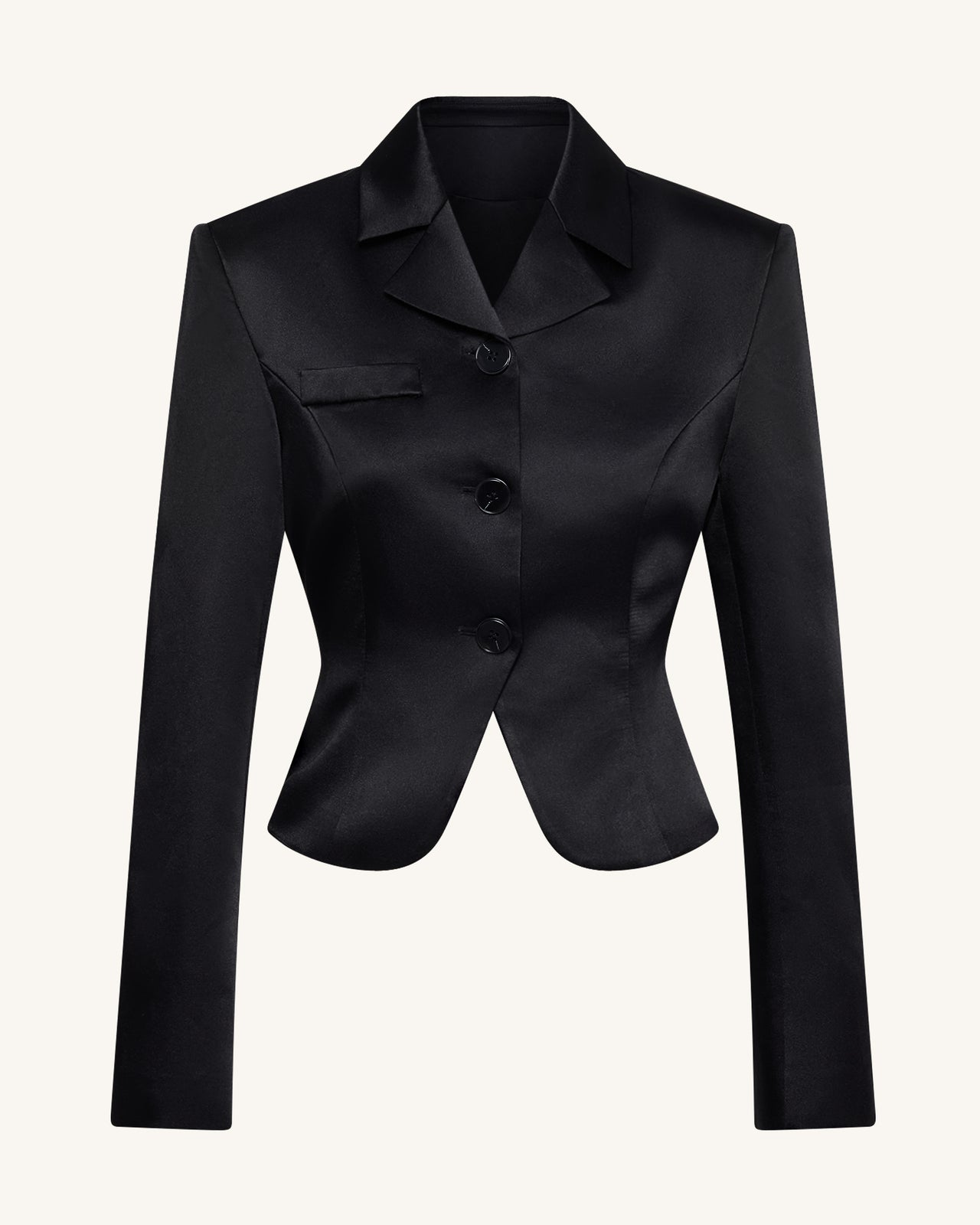 Satin Sculpted Waist Cropped Blazer - Black