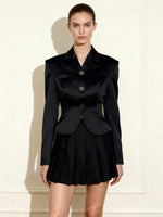 Satin Sculpted Waist Cropped Blazer - Black