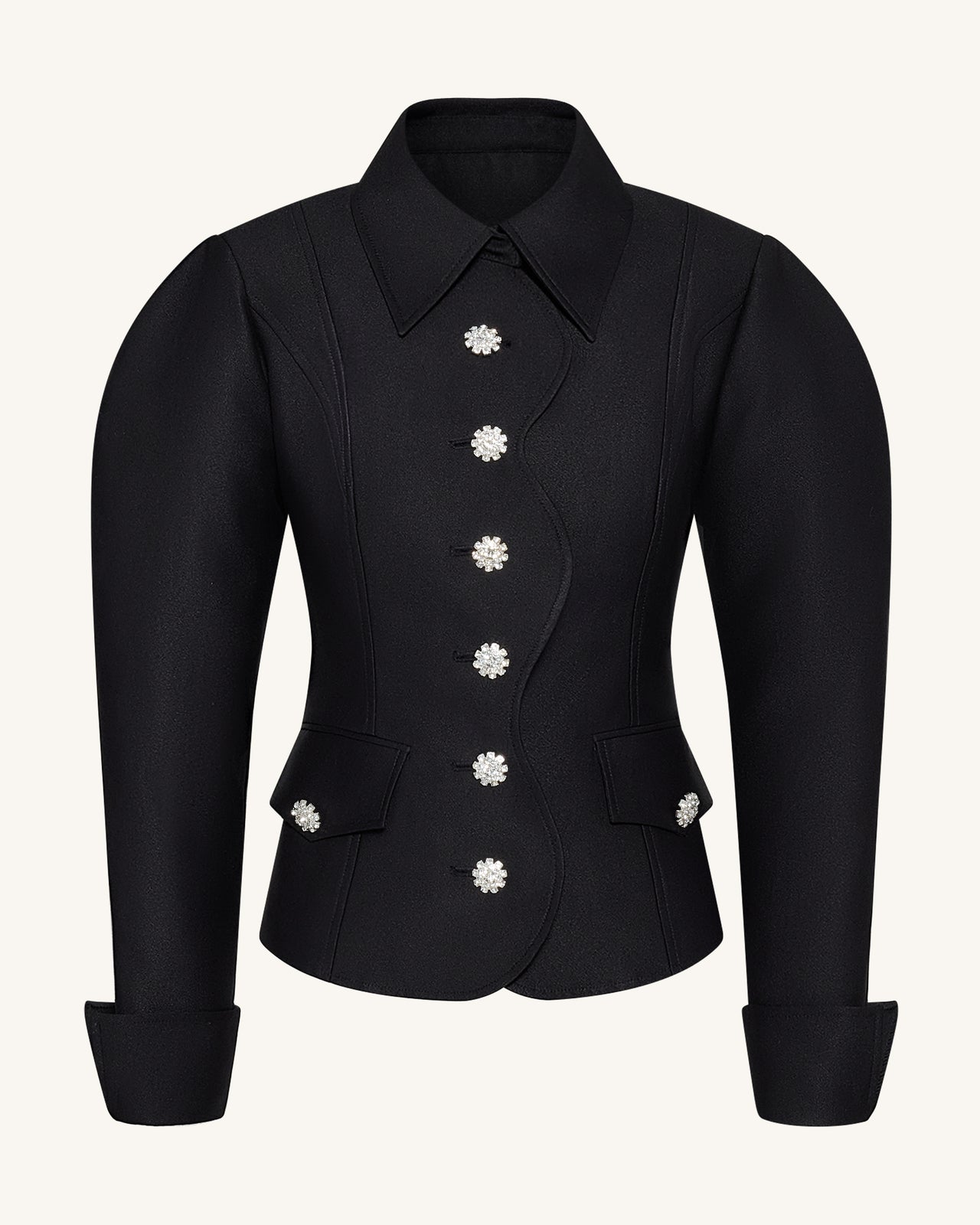 Scalloped Placket Leg of Mutton Blazer - Black