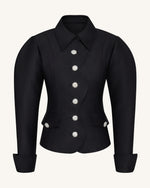 Scalloped Placket Leg of Mutton Blazer - Black