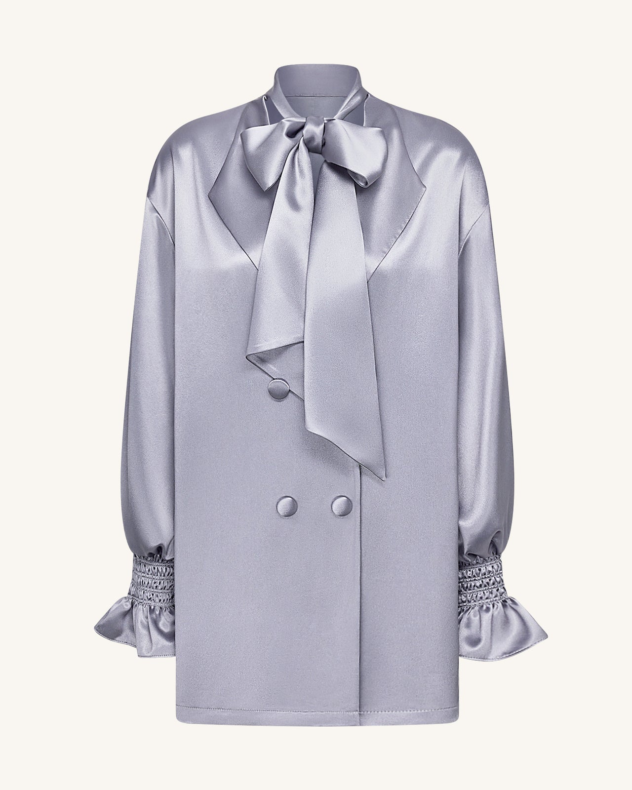 Ribbon Tie Balloon Sleeve Longline Blazer - Silver