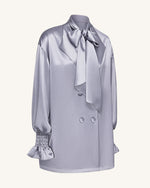 Ribbon Tie Balloon Sleeve Longline Blazer - Silver