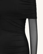 Ruched Off-Shoulder Mesh-Sleeve Mermaid Maxi Dress - Black