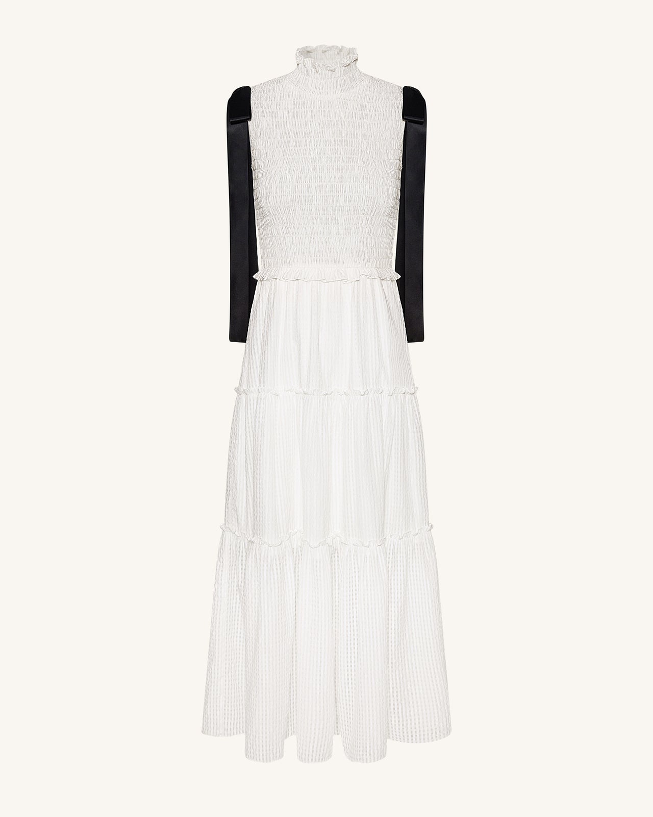 High-Neck Sleeveless Smocked Three-Tier Maxi Dress - White