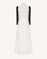 High-Neck Sleeveless Smocked Three-Tier Maxi Dress - White