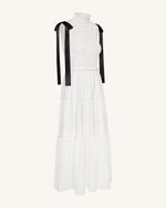 High-Neck Sleeveless Smocked Three-Tier Maxi Dress - White