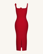 3D Floral Appliqué Square-Neck Sheath Midaxi Dress - Red