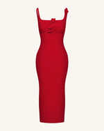 3D Floral Appliqué Square-Neck Sheath Midaxi Dress - Red