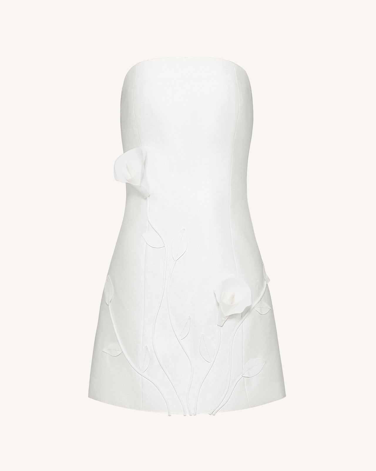 3D Vine Floral Strapless Mini Dress - White