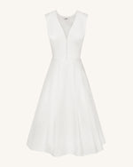 Front V-Neck Pleated Midi Dress - White