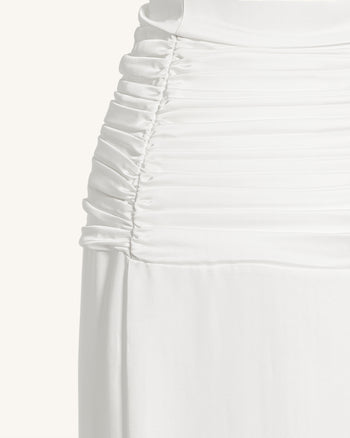 Satin Cowl Neck Ruched Maxi Gown - White