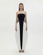 Monochrome Paneled Strapless Sculptural Maxi Dress - Black