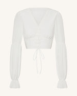 Chiffon Lantern-Sleeve Tie-Front Cropped Blouse - White