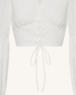 Chiffon Lantern-Sleeve Tie-Front Cropped Blouse - White