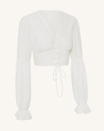 Chiffon Lantern-Sleeve Tie-Front Cropped Blouse - White