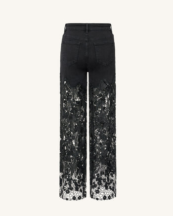 Embroidery High Rise Wide Leg Lace Denim Jeans With Rhinestone - Black