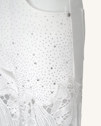 Embroidery High Rise Wide Leg Lace Denim Jeans With Rhinestone - White