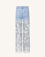 Embroidery High Rise Wide Leg Lace Denim Jeans With Rhinestone - Light Blue
