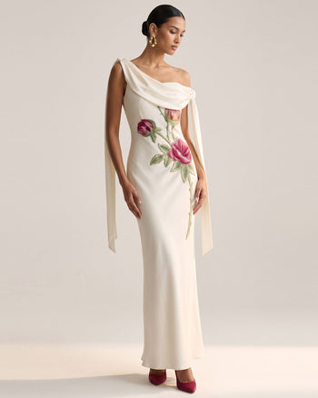 Rose Embroidered One-Shoulder Drape Gown - Pure White