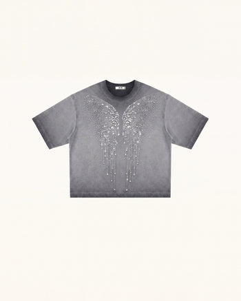 The Angelic Dripping Crystal Wings Tee - Washed Grey