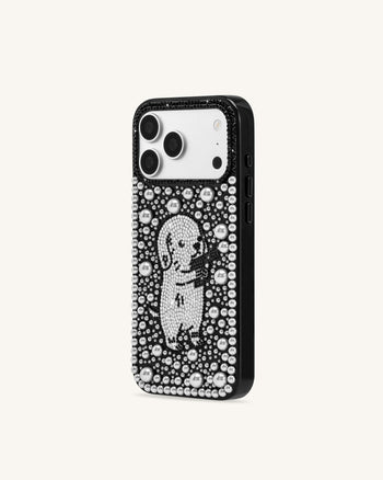 Pearl Artificial Crystal Puppy Phone Case - Black
