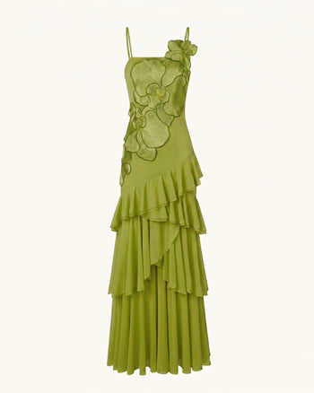 Orchid Embroidered Ruffled One-Shoulder Maxi Dress - Olive Green