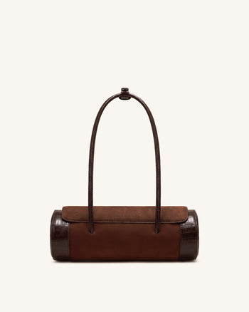 Maelis Faux Suede Croc-Trim Barrel Bag - Dark Brown