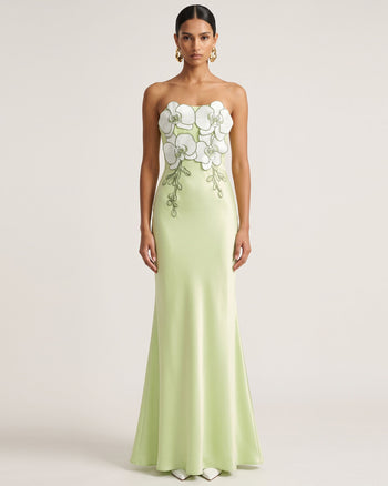 3D Floral Strapless Satin Slit Maxi Dress - Light Green