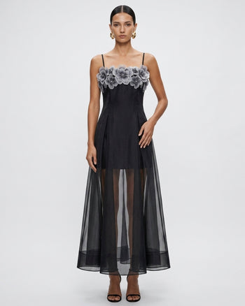 Floral Embroidered Sheer Layered Maxi Dress - Black