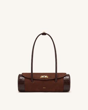 Maelis Faux Suede Croc-Trim Barrel Bag - Dark Brown