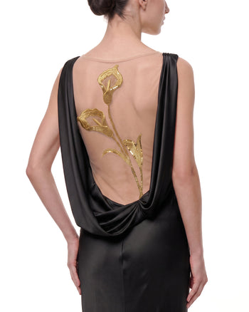 Gold Calla Lily Sheer Backless Satin Dress - Black