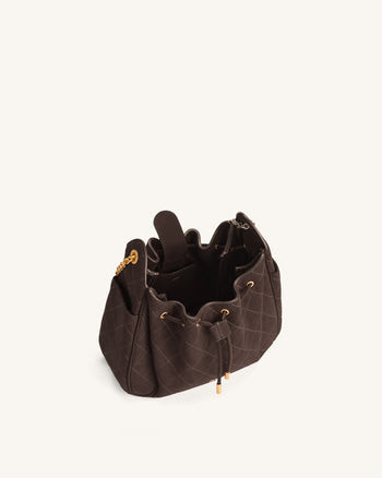 Rowan Faux Suede Quilted Chain Bucket Bag - Dark Brown