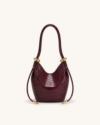 Ellie Metal Ring Embellished Bucket Bag - Burgundy Croc