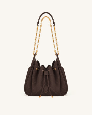 Rowan Faux Suede Quilted Chain Bucket Bag - Dark Brown