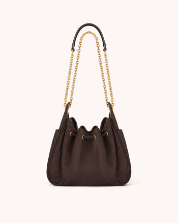 Rowan Faux Suede Quilted Chain Bucket Bag - Dark Brown