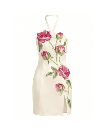 Rose Embroidered Side-Slit Halter Mini Dress - Pure White