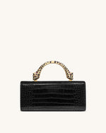 Maya Leopard-Shaped Hardware Handle Top Handle Bag - Black Croc