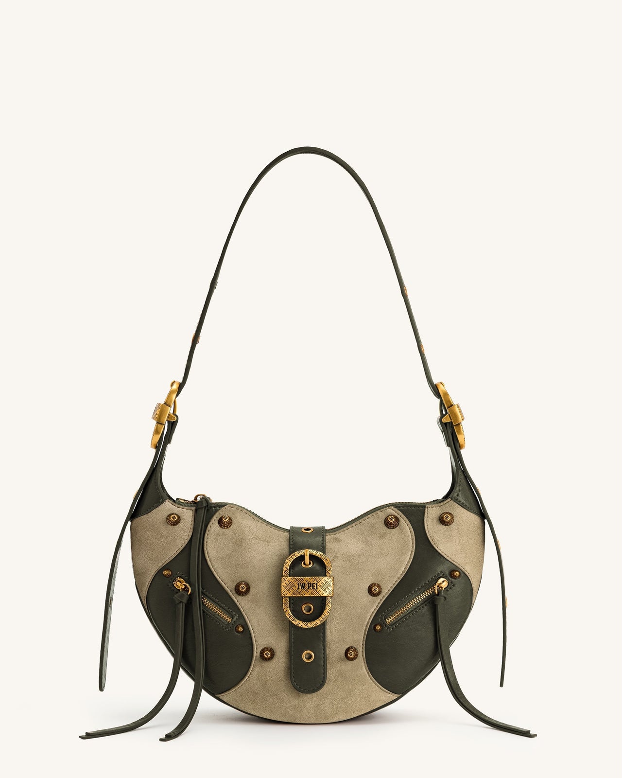 Tessa Faux Suede Studded Shoulder Bag - Khaki Green