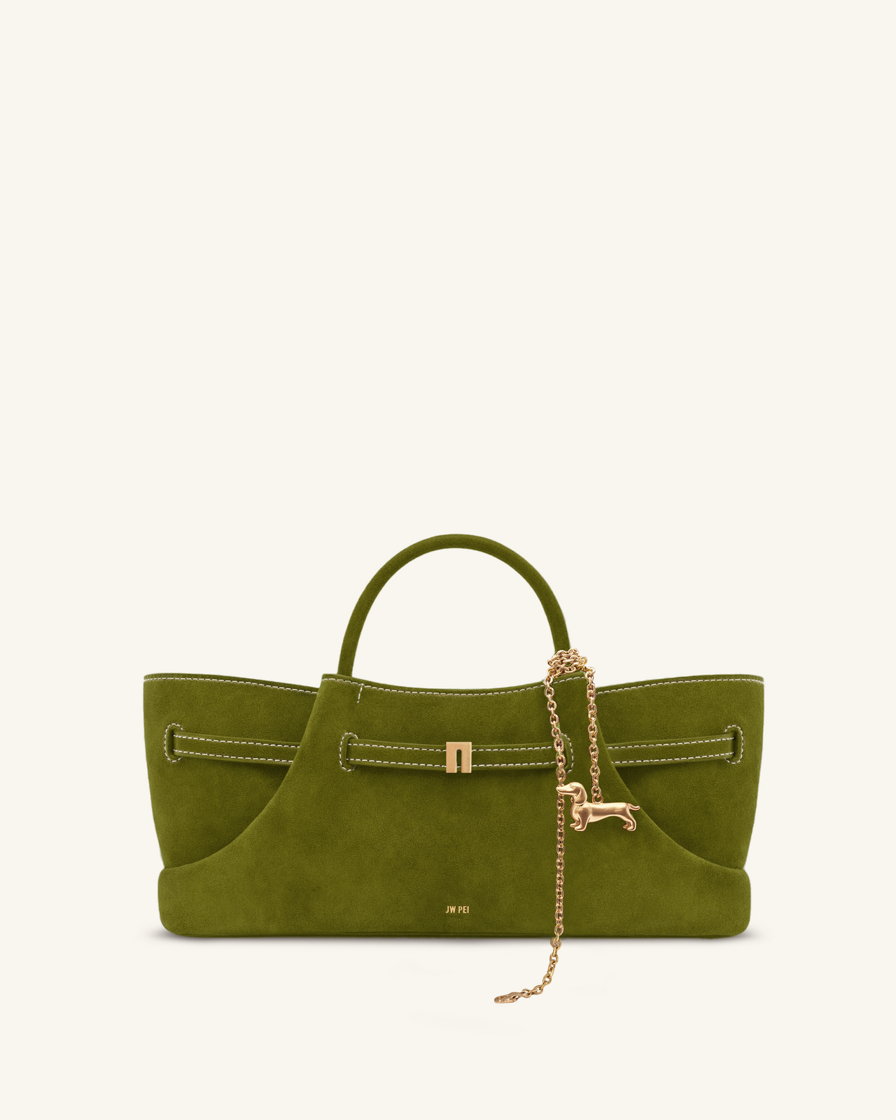 Maeve Dachshund Metal Charm Faux Suede Tote Bag - Olive Green
