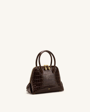 Nerina Structured Top Handle Bag - Dark Brown Croc