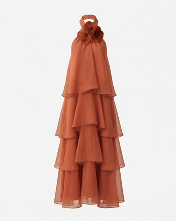 Poppy Embroidered Halter Tiered Ruffle Maxi Dress - Burnt Orange