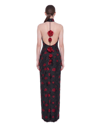 Floral Jacquard Halter Open-Back Maxi Dress - Black & Red