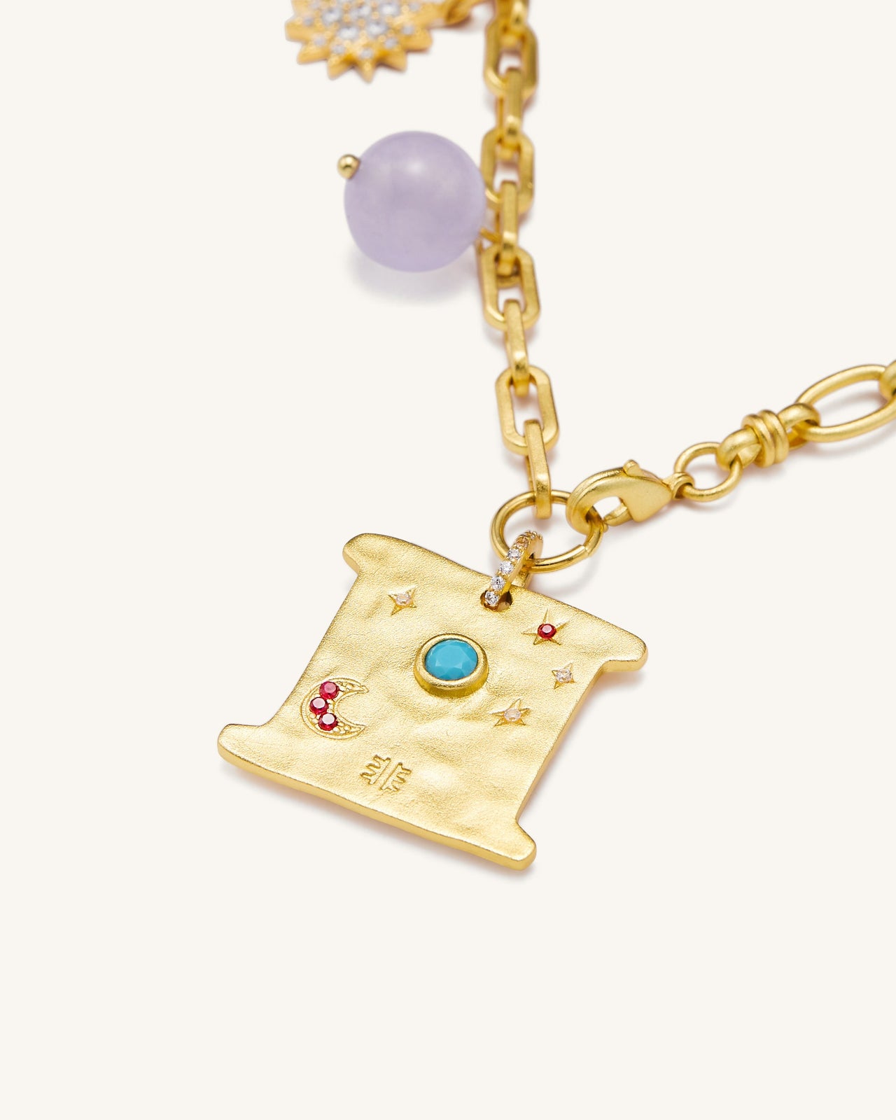 Cosmos Square Multi Charm Necklace - 18ct Gold Plated & Turquoise & Multicolor Zircon & Purple Beads